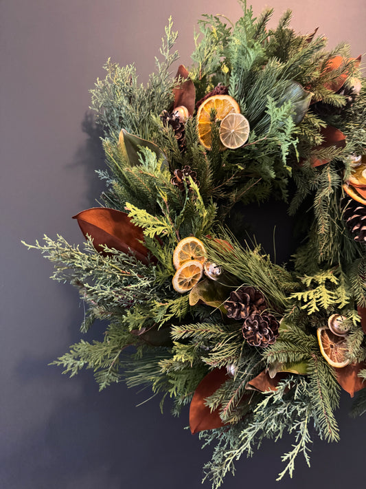 Winter Wreath with Magnolia + Citrus